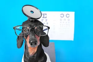 What dog wears contact lenses? image